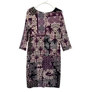 Chico's‎ Travelers Purple Floral Abstract Slinky Knit Zip Back Dress size 8/10